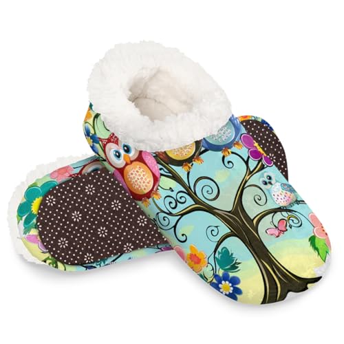 Dusviba Hausschuhe mit Cartoon-Eulen, Blumen, Baum, für Damen und Herren, warm, flauschig, mit rutschfester Sohle, gemütlicher Plüsch, Winter, Zuhause, Schlafzimmer, Hausschuhe für Büro, Reisen, Hotel von Dusviba