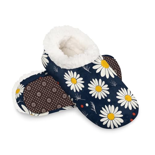 Dusviba Hausschuhe mit Gänseblümchen-Blumenmuster für Damen und Herren, warme flauschige Indoor-Hausschuhe mit rutschfester Sohle, gemütlicher Plüsch, Winter, Zuhause, Schlafzimmer, Hausschuhe für von Dusviba
