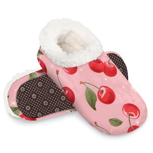 Dusviba Hausschuhe mit Kirschfrucht-Blumenblättern, warme flauschige Indoor-Hausschuhe mit rutschfester Sohle, gemütlicher Plüsch, Winter, Zuhause, Schlafzimmer, Hausschuhe für Büro, Reisen, Hotel von Dusviba
