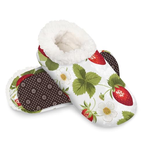 Dusviba Hausschuhe mit Obst-Erdbeerblüten für Damen und Herren, warme flauschige Indoor-Hausschuhe mit rutschfester Sohle, gemütlicher Plüsch, Winter, Zuhause, Schlafzimmer, Hausschuhe für Büro von Dusviba