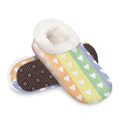 Dusviba Hausschuhe mit Regenbogenstreifen, Herzmuster, warme flauschige Indoor-Hausschuhe mit rutschfester Sohle, gemütlicher Plüsch, Winter, Zuhause, Schlafzimmer, Hausschuhe für Büro, Reisen, Hotel von Dusviba