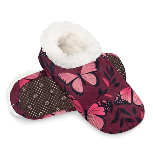 Dusviba Hausschuhe mit Schmetterlings-Blattmuster, warme flauschige Indoor-Hausschuhe mit rutschfester Sohle, gemütlicher Plüsch, Winter, Zuhause, Schlafzimmer, Hausschuhe für Büro, Reisen, Hotel von Dusviba