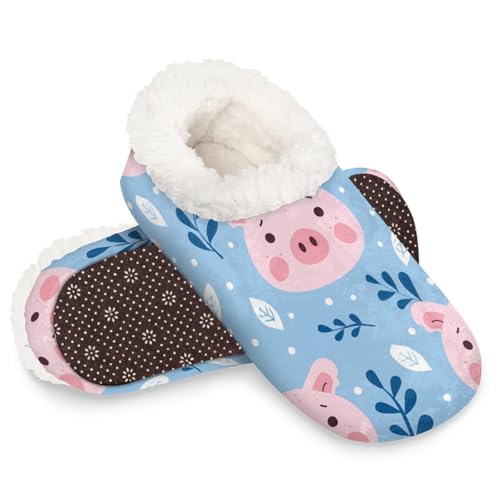 Dusviba Hausschuhe mit Schweinegesicht und Blättern für Damen und Herren, warme flauschige Indoor-Hausschuhe mit rutschfester Sohle, gemütlicher Plüsch, Winter, Zuhause, Schlafzimmer, Hausschuhe für von Dusviba