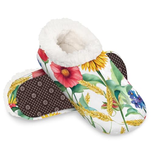 Dusviba Hausschuhe mit Sonnenblumen, Mohnblumen, Kornblumen, für Damen und Herren, warm, flauschig, mit rutschfester Sohle, gemütlicher Plüsch, Winter, Zuhause, Schlafzimmer, Hausschuhe für Büro von Dusviba