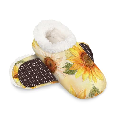 Dusviba Hausschuhe mit Sonnenblumen-Motiv im Vintage-Stil, für Damen und Herren, warm, flauschig, mit rutschfester Sohle, gemütlich, Plüsch, Winter, Zuhause, Schlafzimmer, Hausschuhe für Büro, Reisen von Dusviba