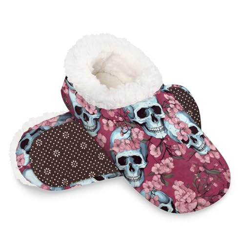 Dusviba Hausschuhe mit Totenkopf-Kirschblüten-Motiv, warme flauschige Indoor-Hausschuhe mit rutschfester Sohle, gemütlicher Plüsch, Winter, Zuhause, Schlafzimmer, Hausschuhe für Büro, Reisen, Hotel von Dusviba