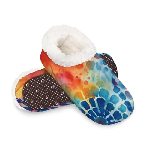 Dusviba Hausschuhe mit abstraktem Batikmuster, warme flauschige Indoor-Hausschuhe mit rutschfester Sohle, gemütlicher Plüsch, Winter, Zuhause, Schlafzimmer, Hausschuhe für Büro, Reisen, Hotel von Dusviba