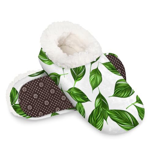 Dusviba Hausschuhe mit abstraktem Blättermuster, warme flauschige Indoor-Hausschuhe mit rutschfester Sohle, gemütlicher Plüsch, Winter, Zuhause, Schlafzimmer, Hausschuhe für Büro, Reisen, Hotel von Dusviba