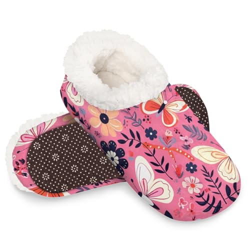 Dusviba Hausschuhe mit abstraktem Blumen- und Schmetterlingsmuster, warme flauschige Indoor-Hausschuhe mit rutschfester Sohle, gemütlicher Plüsch, Winter, Zuhause, Schlafzimmer, Hausschuhe für Büro von Dusviba