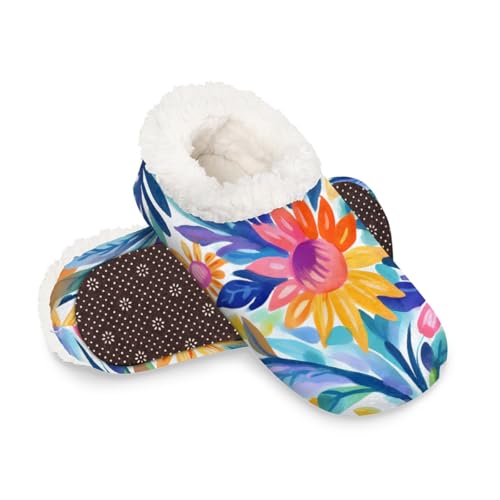 Dusviba Hausschuhe mit abstraktem Cartoon-Blumen-Design für Damen und Herren, warme flauschige Indoor-Hausschuhe mit rutschfester Sohle, gemütlicher Plüsch, Winter, Zuhause, Schlafzimmer, Hausschuhe von Dusviba