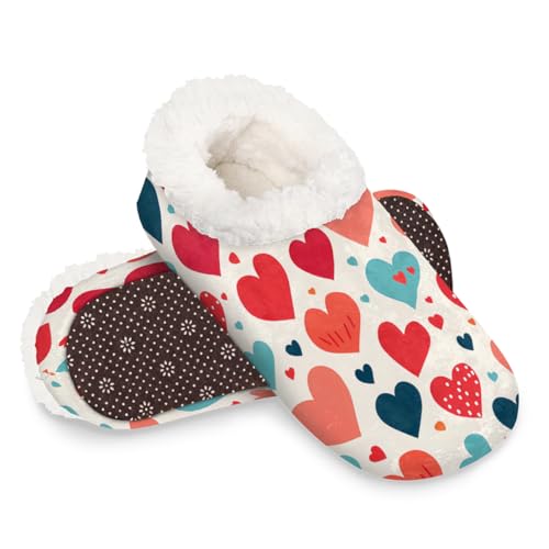 Dusviba Hausschuhe mit abstraktem Herzmuster für Damen und Herren, warme flauschige Indoor-Hausschuhe mit rutschfester Sohle, gemütlicher Plüsch, Winter, Zuhause, Schlafzimmer, Hausschuhe für Büro von Dusviba