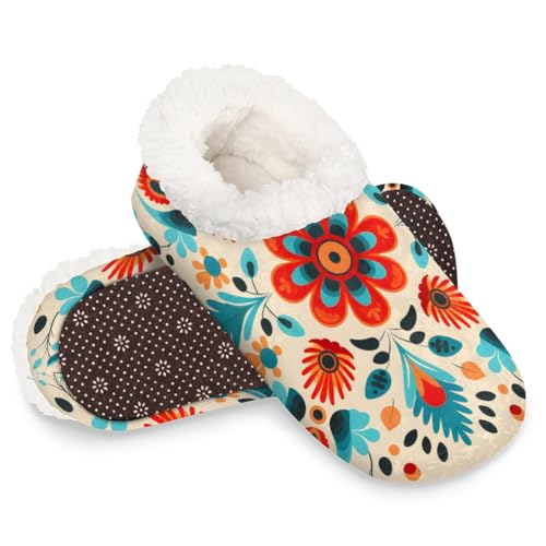 Dusviba Hausschuhe mit abstraktem Mandala-Blumenmuster für Damen und Herren, warme flauschige Indoor-Hausschuhe mit rutschfester Sohle, gemütlicher Plüsch, Winter, Zuhause, Schlafzimmer, Hausschuhe von Dusviba