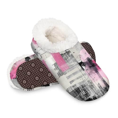 Dusviba Hausschuhe mit abstraktem Ölgemälde für Damen und Herren, warme flauschige Indoor-Hausschuhe mit rutschfester Sohle, gemütlicher Plüsch, Winter, Zuhause, Schlafzimmer, Hausschuhe für Büro von Dusviba