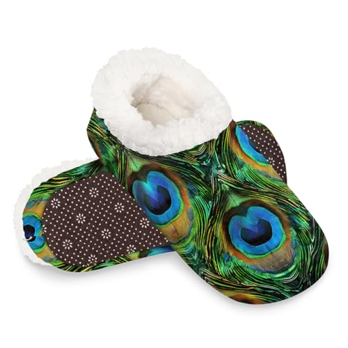 Dusviba Hausschuhe mit abstraktem Pfauenfedermuster, warme flauschige Indoor-Hausschuhe mit rutschfester Sohle, gemütlicher Plüsch, Winter, Zuhause, Schlafzimmer, Hausschuhe für Büro, Reisen, Hotel von Dusviba