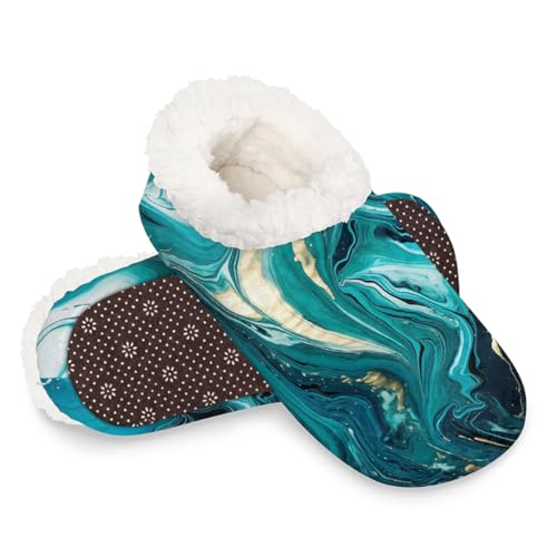 Dusviba Hausschuhe mit abstraktem blaugrünem Marmor-Druck, warme flauschige Indoor-Hausschuhe mit rutschfester Sohle, gemütlicher Plüsch, Winter, Zuhause, Schlafzimmer, Hausschuhe für Büro, Reisen von Dusviba
