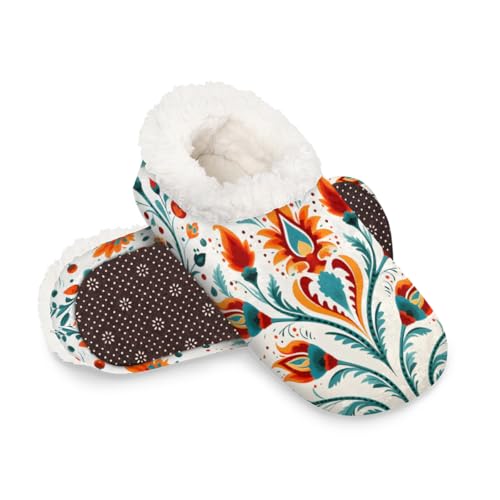 Dusviba Hausschuhe mit abstraktem ethnischem Blumenmuster für Damen und Herren, warme flauschige Indoor-Hausschuhe mit rutschfester Sohle, gemütlicher Plüsch, Winter, Zuhause, Schlafzimmer, Hausschuhe von Dusviba