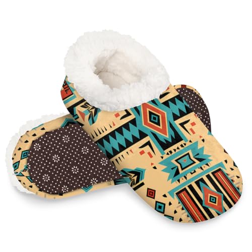 Dusviba Hausschuhe mit ethnischem Aztekenmuster, warme flauschige Indoor-Hausschuhe mit rutschfester Sohle, gemütlicher Plüsch, Winter, Zuhause, Schlafzimmer, Hausschuhe für Büro, Reisen, Hotel von Dusviba