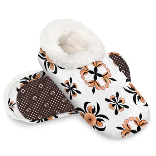 Dusviba Hausschuhe mit ethnischem Blumenmuster für Damen und Herren, warme flauschige Indoor-Hausschuhe mit rutschfester Sohle, gemütlicher Plüsch, Winter, Zuhause, Schlafzimmer, Hausschuhe für Büro von Dusviba