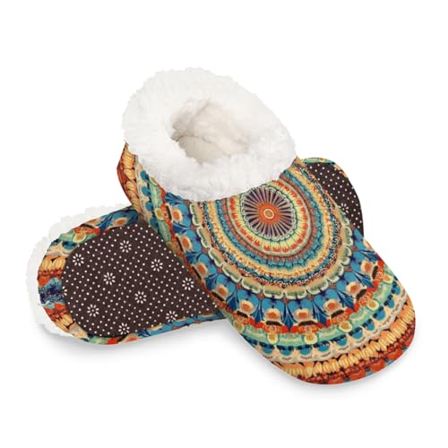 Dusviba Hausschuhe mit ethnischem Mandala-Druck, warme flauschige Indoor-Hausschuhe mit rutschfester Sohle, gemütlicher Plüsch, Winter, Zuhause, Schlafzimmer, Hausschuhe für Büro, Reisen, Hotel von Dusviba