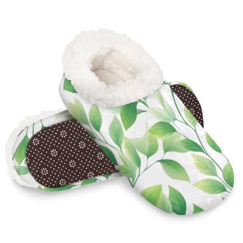 Dusviba Hausschuhe mit grünen Blättern, Aquarellmalerei, warme flauschige Indoor-Hausschuhe mit rutschfester Sohle, gemütlicher Plüsch, Winter, Zuhause, Schlafzimmer, Hausschuhe für Büro, Reisen von Dusviba