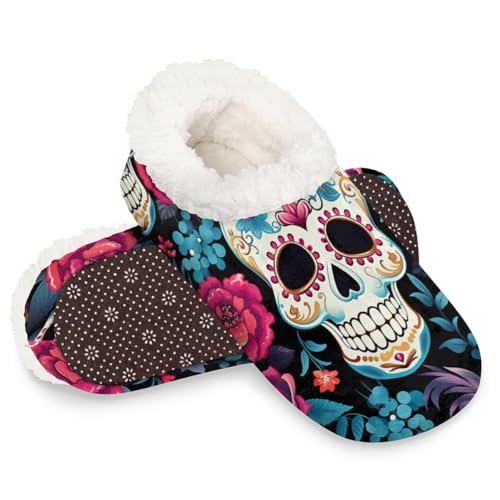 Dusviba Hausschuhe mit mexikanischem Totenkopf-Motiv, für Damen und Herren, warm, flauschig, mit rutschfester Sohle, gemütlicher Plüsch, Winter, Zuhause, Schlafzimmer, Hausschuhe für Büro, Reisen von Dusviba