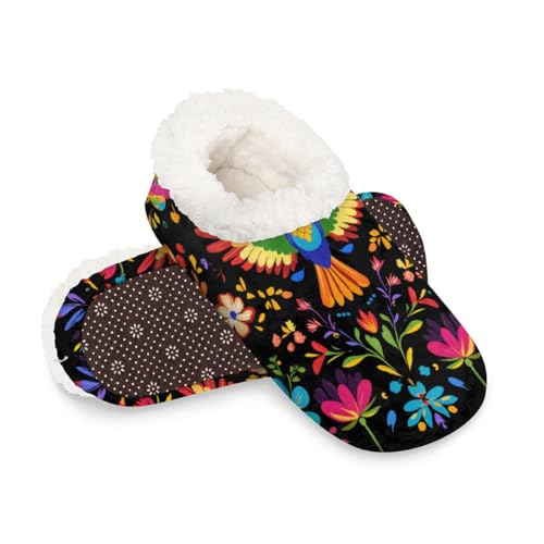 Dusviba Hausschuhe mit mexikanischen Blumen- und Vögel-Motiven für Damen und Herren, warm, flauschig, mit rutschfester Sohle, gemütlicher Plüsch, Winter, Zuhause, Schlafzimmer, Hausschuhe für Büro von Dusviba