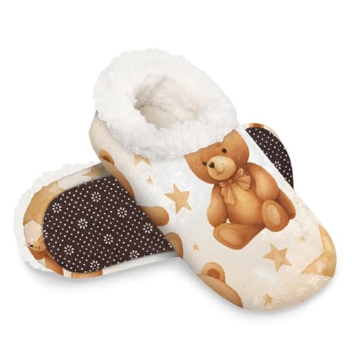 Dusviba Hausschuhe mit niedlichem Bär, Vintage-Sterne, für Damen und Herren, warm, flauschig, mit rutschfester Sohle, gemütlich, Plüsch, Winter, Zuhause, Schlafzimmer, Hausschuhe für Büro, Reisen von Dusviba