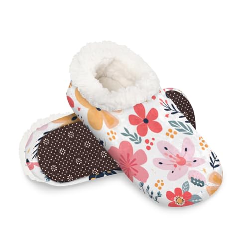 Dusviba Hausschuhe mit niedlichem Blumen- und Blättermuster, warme flauschige Indoor-Hausschuhe mit rutschfester Sohle, gemütlicher Plüsch, Winter, Zuhause, Schlafzimmer, Hausschuhe für Büro, Reisen von Dusviba