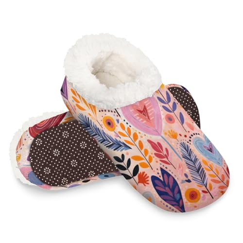 Dusviba Hausschuhe mit niedlichem Cartoon-Motiv und Herzblättern, warme flauschige Indoor-Hausschuhe mit rutschfester Sohle, gemütlicher Plüsch, Winter, Zuhause, Schlafzimmer, Hausschuhe für Büro von Dusviba