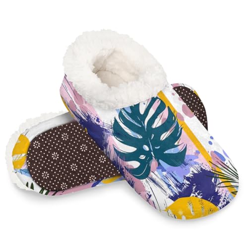 Dusviba Hausschuhe mit tropischen Blättern, bunt gestreift, warm, flauschig, für den Innenbereich, mit rutschfester Sohle, gemütlicher Plüsch, Winter, Zuhause, Schlafzimmer, Hausschuhe für Büro von Dusviba