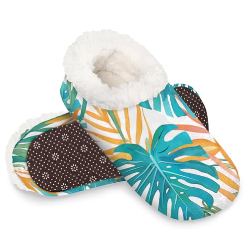 Dusviba Hausschuhe mit tropischen Palmenblättern für Damen und Herren, warme flauschige Indoor-Hausschuhe mit rutschfester Sohle, gemütlicher Plüsch, Winter, Zuhause, Schlafzimmer, Hausschuhe für Büro von Dusviba