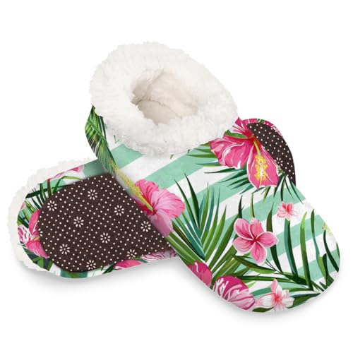 Dusviba Hausschuhe mit tropischen Streifen, Hibiskusblätter, für Damen und Herren, warme flauschige Indoor-Hausschuhe mit rutschfester Sohle, gemütlicher Plüsch, Winter, Zuhause, Schlafzimmer von Dusviba