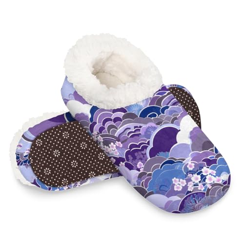 Dusviba Japanische Kirschblüten-Hausschuhe für Damen und Herren, warme flauschige Indoor-Hausschuhe mit rutschfester Sohle, gemütlicher Plüsch, Winter, Zuhause, Schlafzimmer, Hausschuhe für Büro von Dusviba