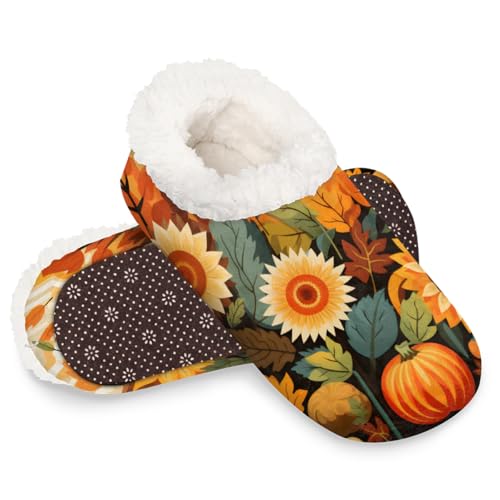 Dusviba Kunststil, Sonnenblumen-Kürbis-Hausschuhe für Damen und Herren, warme flauschige Indoor-Hausschuhe mit rutschfester Sohle, gemütlicher Plüsch, Winter, Zuhause, Schlafzimmer, Hausschuhe für von Dusviba