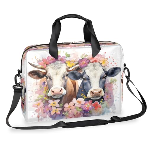 Dusviba Laptoptasche mit Aquarell-Kühen und Blumendruck, schmal, Business-Aktentasche für Herren und Damen, Schultertasche mit Griff und abnehmbarem Riemen, für Arbeit, Büro, Computer, Kuriertasche von Dusviba
