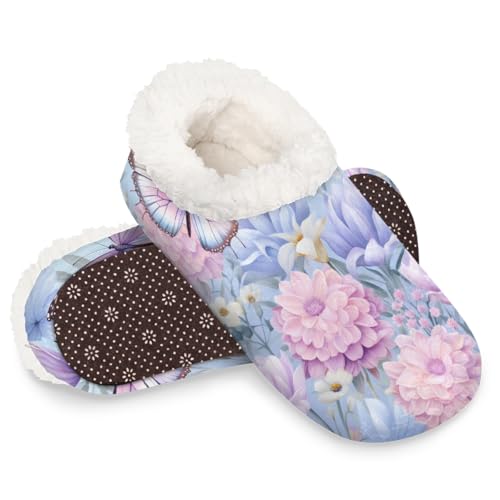 Dusviba Lila Blumen- und Schmetterlings-Hausschuhe für Damen und Herren, warme flauschige Indoor-Hausschuhe mit rutschfester Sohle, gemütlicher Plüsch, Winter, Zuhause, Schlafzimmer, Hausschuhe für von Dusviba