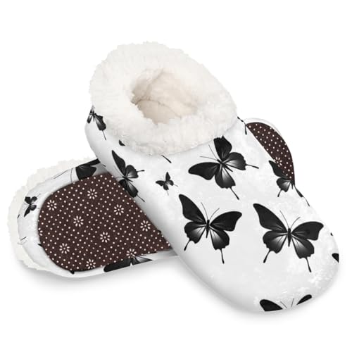 Dusviba Lustige schwarze Hausschuhe mit Schmetterlingsmuster für Damen und Herren, warme flauschige Indoor-Hausschuhe mit rutschfester Sohle, gemütlicher Plüsch, Winter, Zuhause, Schlafzimmer von Dusviba