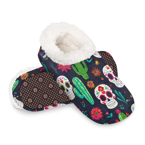 Dusviba Mexikanische Hausschuhe mit Totenköpfen und Kaktusblüten für Damen und Herren, warm, flauschig, für den Innenbereich, mit rutschfester Sohle, gemütlich, Plüsch, Winter, Zuhause, Schlafzimmer von Dusviba