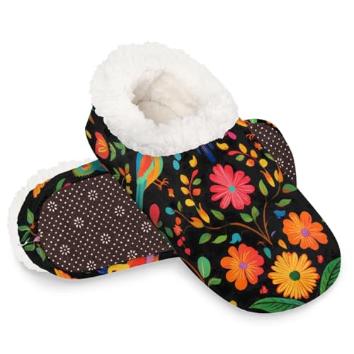 Dusviba Mexikanische bunte Hausschuhe mit Vogelmuster, warme flauschige Indoor-Hausschuhe mit rutschfester Sohle, gemütlicher Plüsch, Winter, Zuhause, Schlafzimmer, Hausschuhe für Büro, Reisen, Hotel von Dusviba