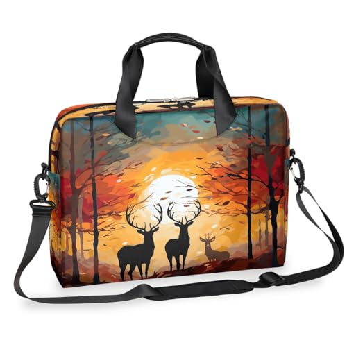Dusviba Ölgemälde Herbst Wald Hirsch Laptoptasche 16 Zoll Slim Business Aktentasche für Männer Frauen Schultertasche mit Griff & abnehmbarem Gurt Arbeit Büro Computer Messenger Bag von Dusviba