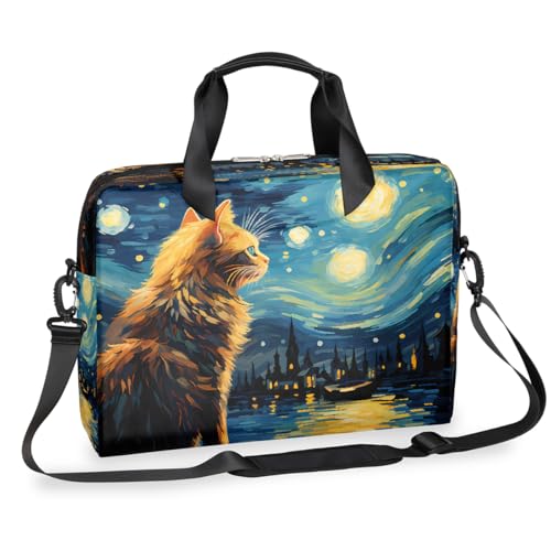 Dusviba Ölgemälde Sternenhimmel Katze Laptoptasche 16 Zoll Slim Business Aktentasche für Männer Frauen Schultertasche mit Griff & abnehmbarem Gurt Arbeit Büro Computer Messenger Bag von Dusviba
