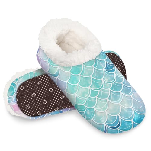 Dusviba Ocean Bunte Meerjungfrauen-Hausschuhe für Damen und Herren, warme flauschige Indoor-Hausschuhe mit rutschfester Sohle, gemütlicher Plüsch, Winter, Zuhause, Schlafzimmer, Hausschuhe für Büro von Dusviba