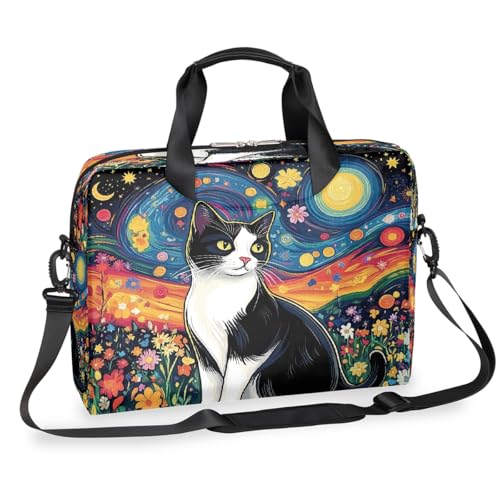 Dusviba Oli Painting Cat Flowers Laptoptasche 16 Zoll Slim Business Aktentasche für Männer Frauen Schultertasche mit Griff & abnehmbarem Gurt Arbeit Büro Computer Messenger Bag von Dusviba