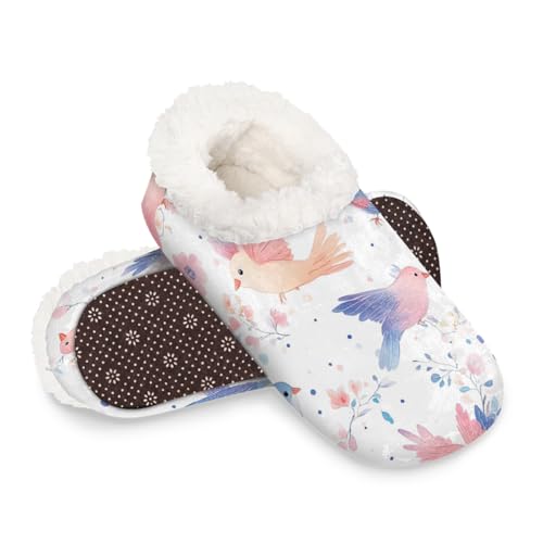 Dusviba Pastellfarbene Hausschuhe mit Vogelblättern für Damen und Herren, warme flauschige Hausschuhe mit rutschfester Sohle, gemütlicher Plüsch, Winter, Zuhause, Schlafzimmer, Hausschuhe für Büro von Dusviba