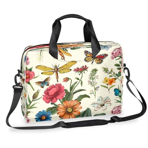 Dusviba Retro Blumen Libellen Schmetterlinge Laptoptasche 16 Zoll Slim Business Aktentasche für Männer Frauen Schultertasche mit Griff & abnehmbarem Gurt Arbeit Büro Computer Messenger Bag von Dusviba