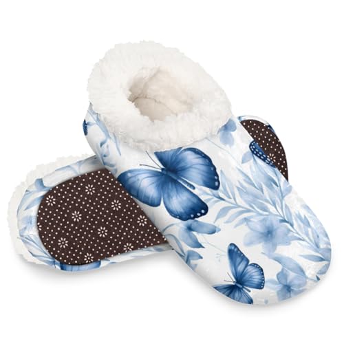 Dusviba Retro-Hausschuhe mit Schmetterlings-Blättern für Damen und Herren, warme flauschige Indoor-Hausschuhe mit rutschfester Sohle, gemütlicher Plüsch, Winter, Zuhause, Schlafzimmer, Hausschuhe für von Dusviba