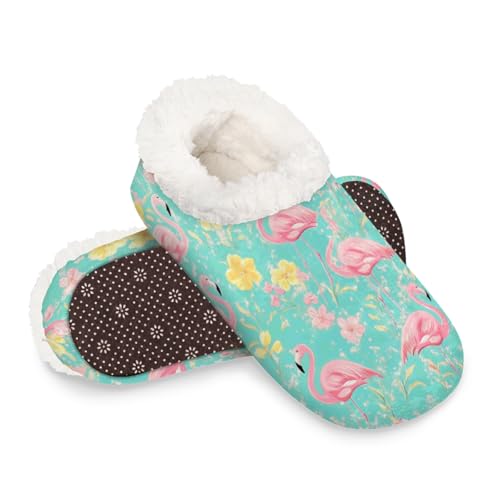 Dusviba Sommer-Hausschuhe mit Flamingo-Blumenmuster für Damen und Herren, warme flauschige Indoor-Hausschuhe mit rutschfester Sohle, gemütlicher Plüsch, Winter, Zuhause, Schlafzimmer, Hausschuhe für von Dusviba