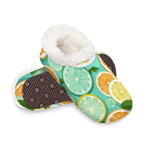 Dusviba Sommer-Hausschuhe mit Zitronenscheiben-Blättern für Damen und Herren, warme flauschige Indoor-Hausschuhe mit rutschfester Sohle, gemütlicher Plüsch, Winter, Zuhause, Schlafzimmer, Hausschuhe von Dusviba