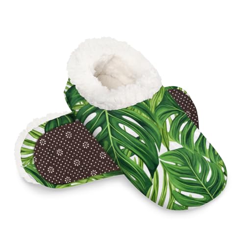 Dusviba Sommerhausschuhe mit tropischen grünen Blättern, warme flauschige Indoor-Hausschuhe mit rutschfester Sohle, gemütlicher Plüsch, Winter, Zuhause, Schlafzimmer, Hausschuhe für Büro, Reisen von Dusviba