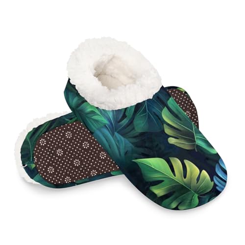 Dusviba Sommerpantoffeln mit tropischen Palmenblättern für Damen und Herren, warme flauschige Indoor-Hausschuhe mit rutschfester Sohle, gemütlicher Plüsch, Winter, Zuhause, Schlafzimmer, Hausschuhe von Dusviba